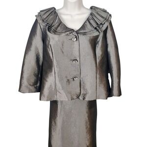 Nicolette Womens 18 Grey Metallic Ruffle Portrait Collar Skirt Suit 2pc Set‎ MOB